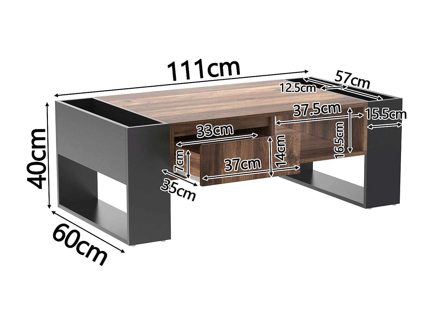 Salontafel met één lade - industriële stijl - Bruin & Zwart