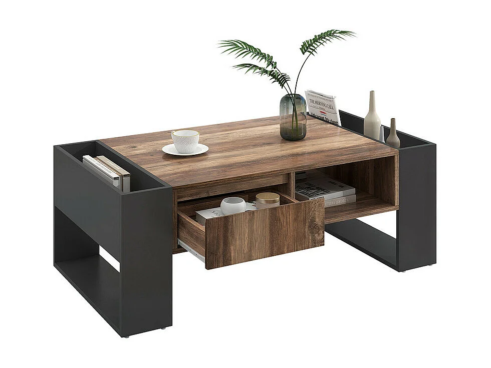 Table basse avec un tiroir - style industriel - Marron & Noir