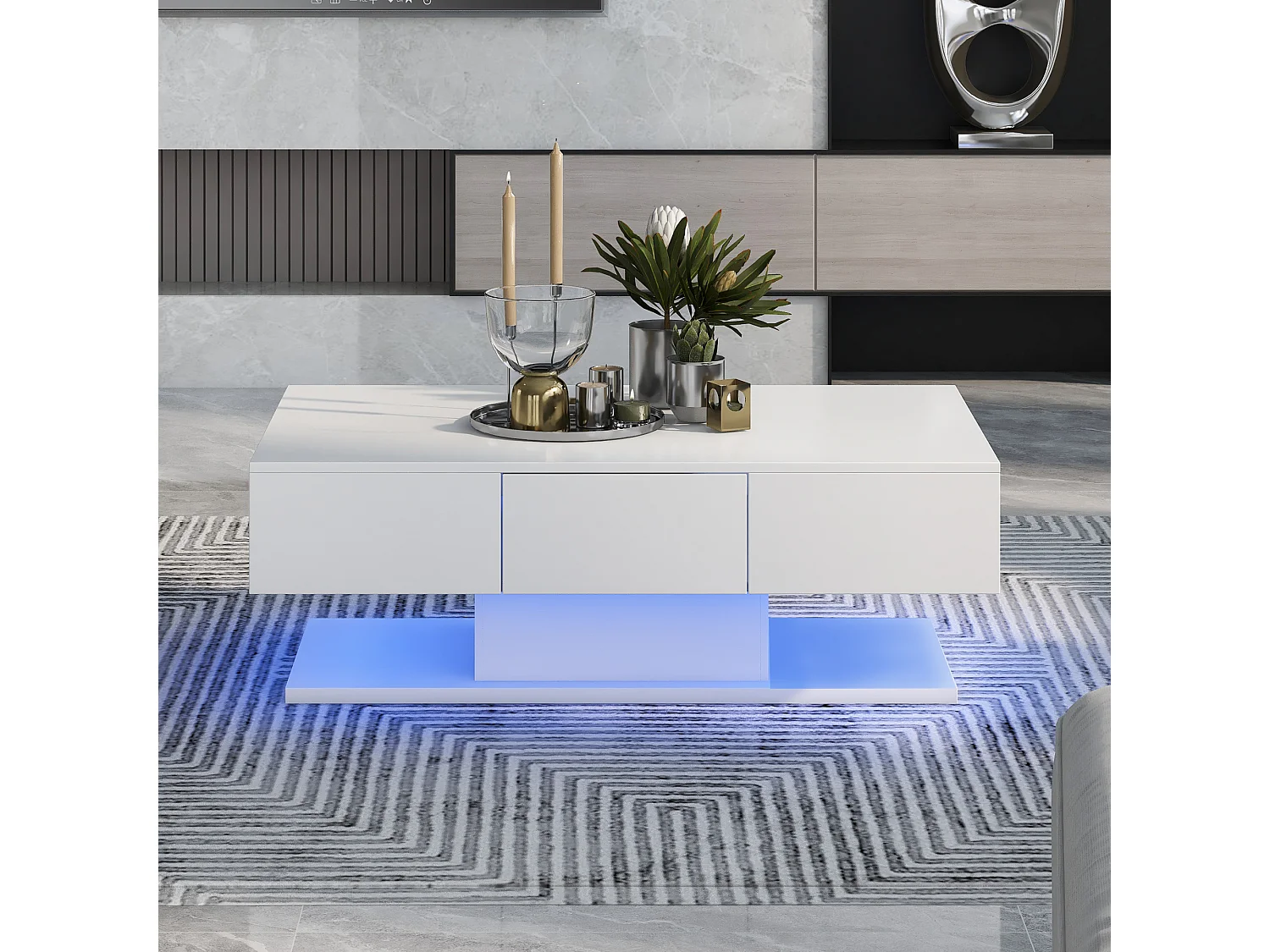 Table basse avec éclairage LED + 2 tiroirs - blanc
