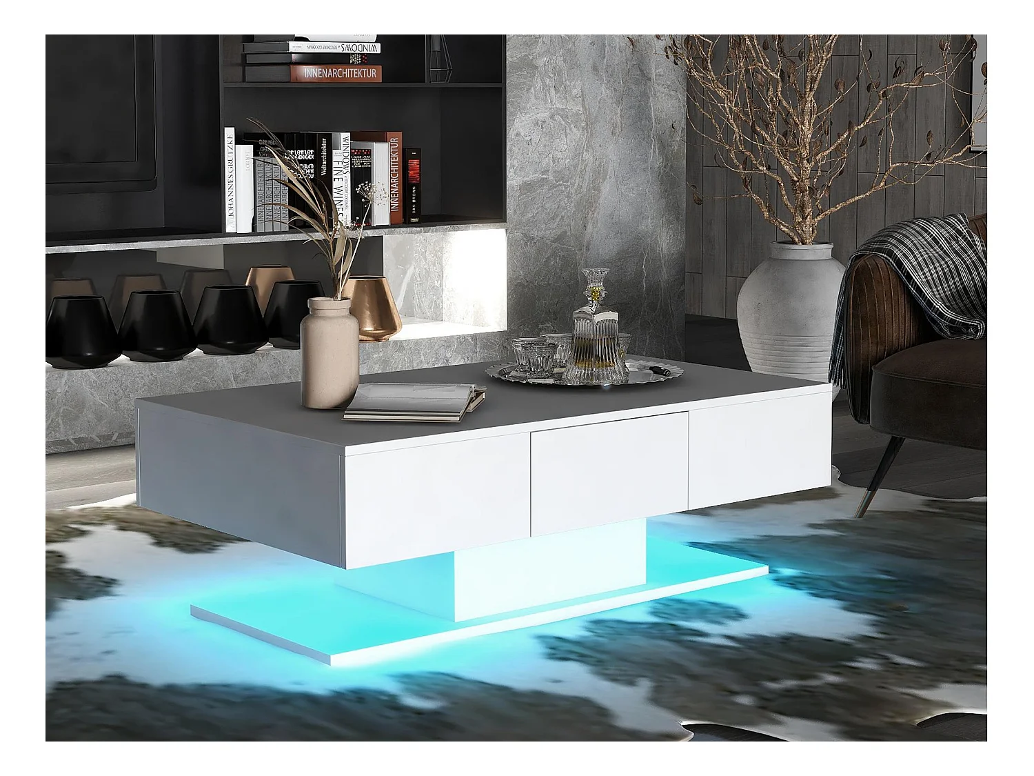 Table basse avec éclairage LED + 2 tiroirs - blanc