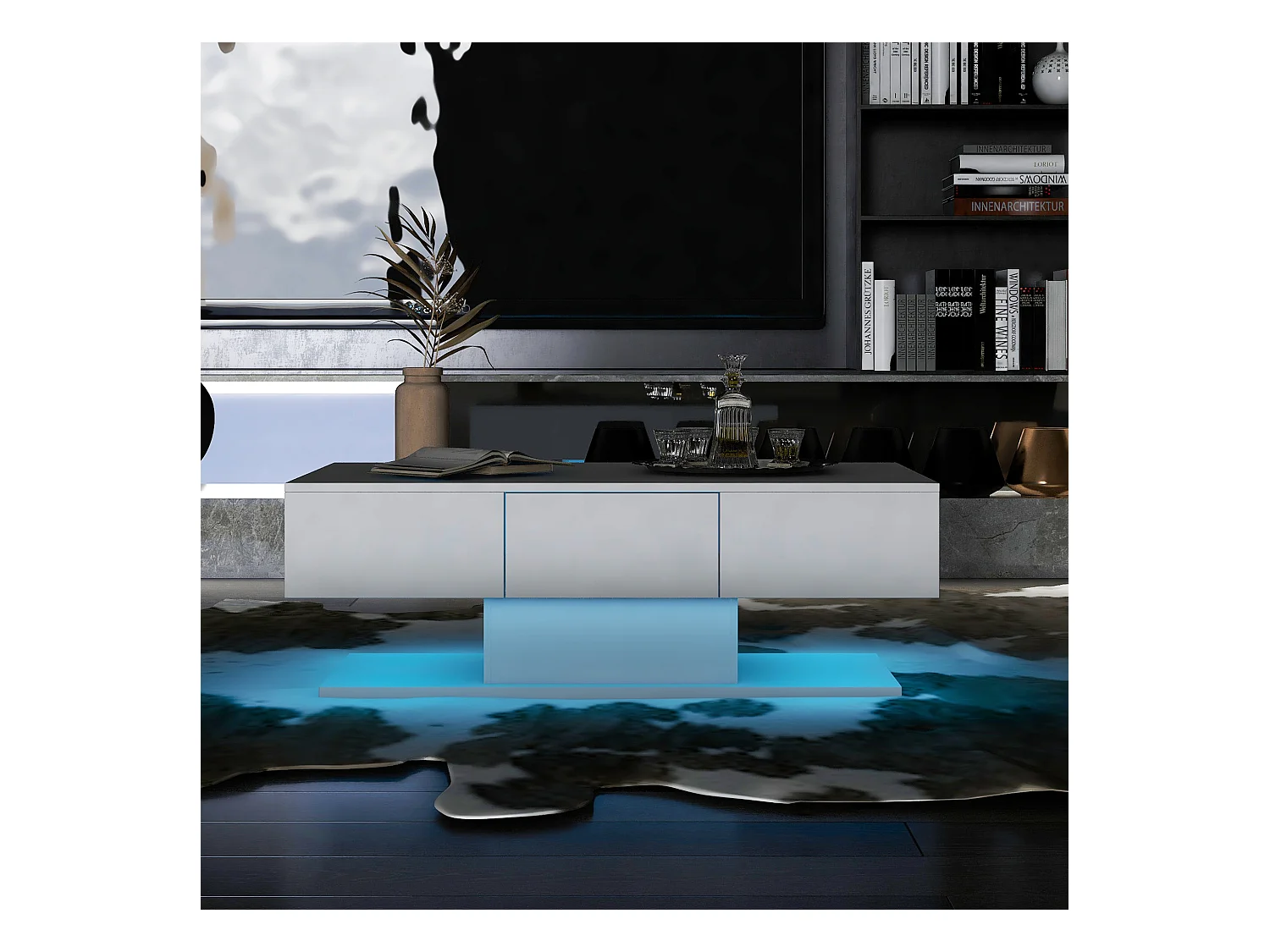 Table basse avec éclairage LED + 2 tiroirs - blanc