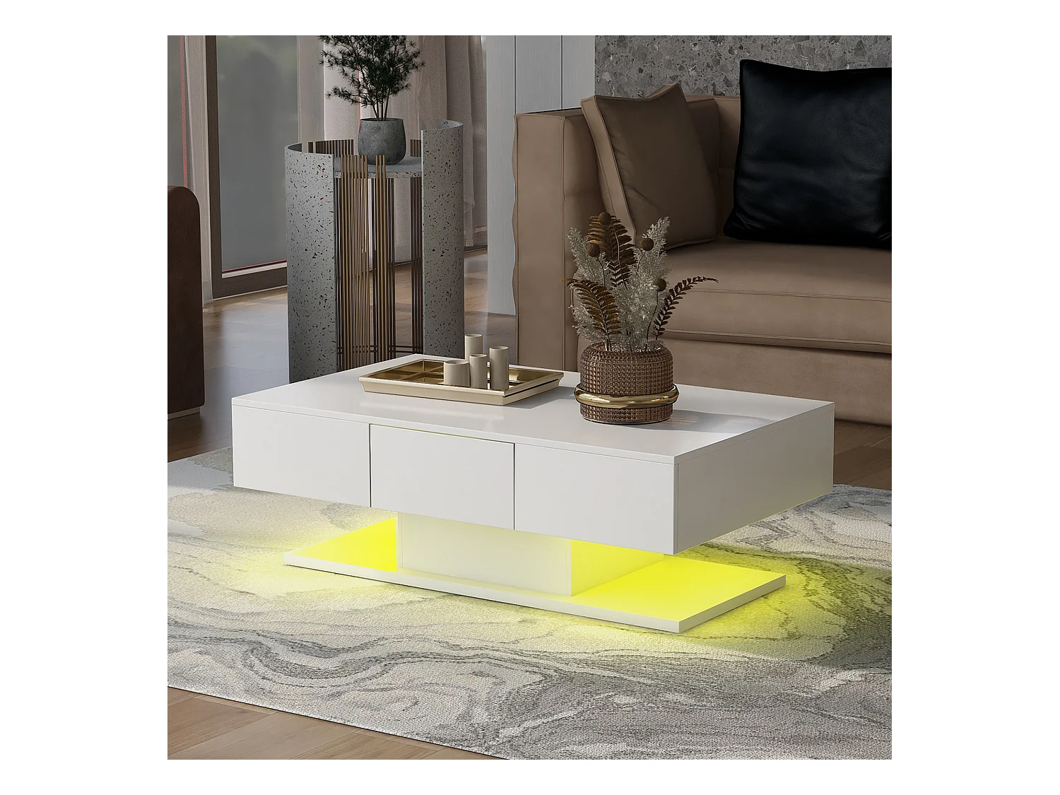 Table basse avec éclairage LED + 2 tiroirs - blanc