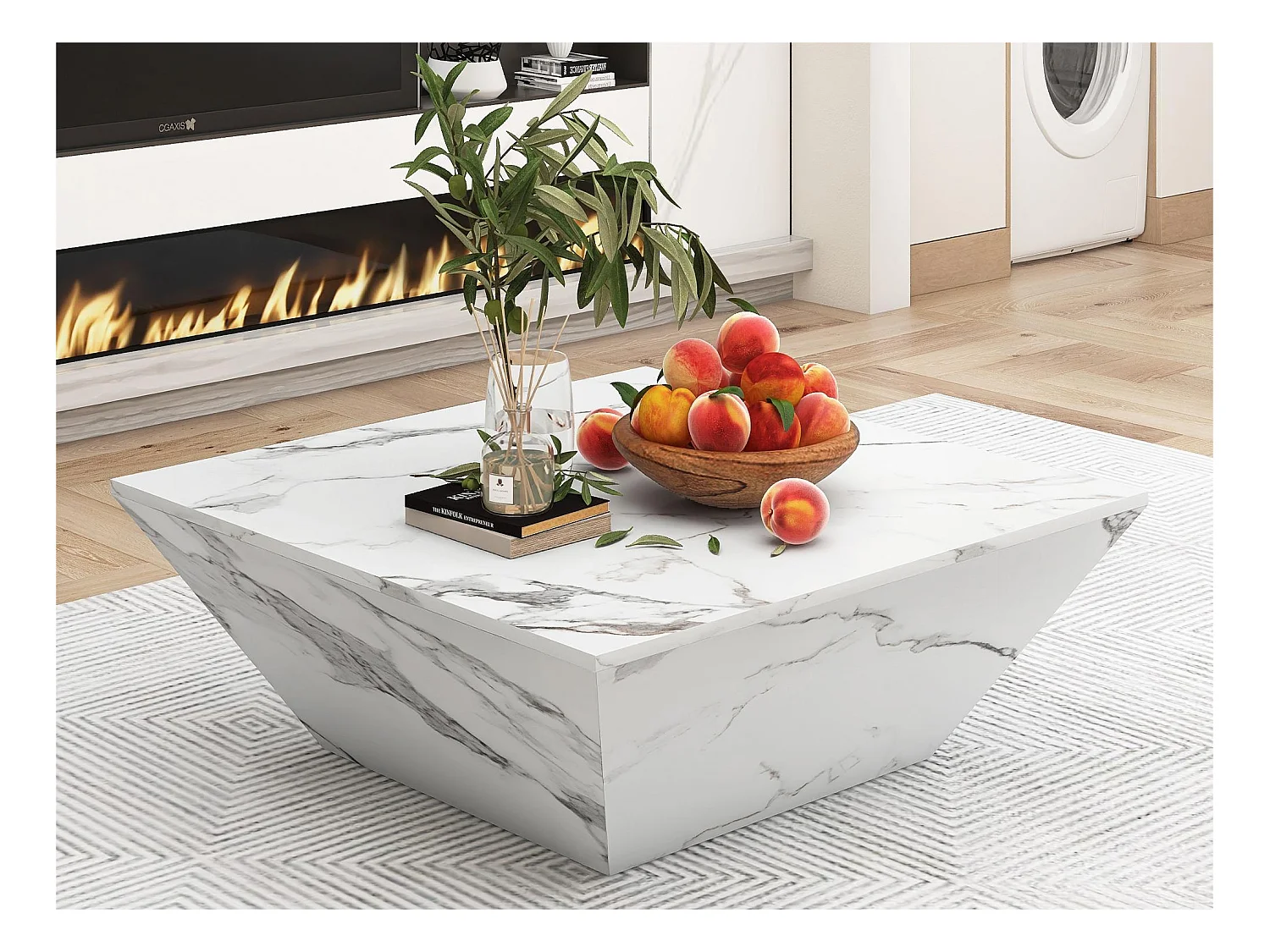 Table basse moderne - avec 2 tiroirs - placage à motif marbre - Blanc