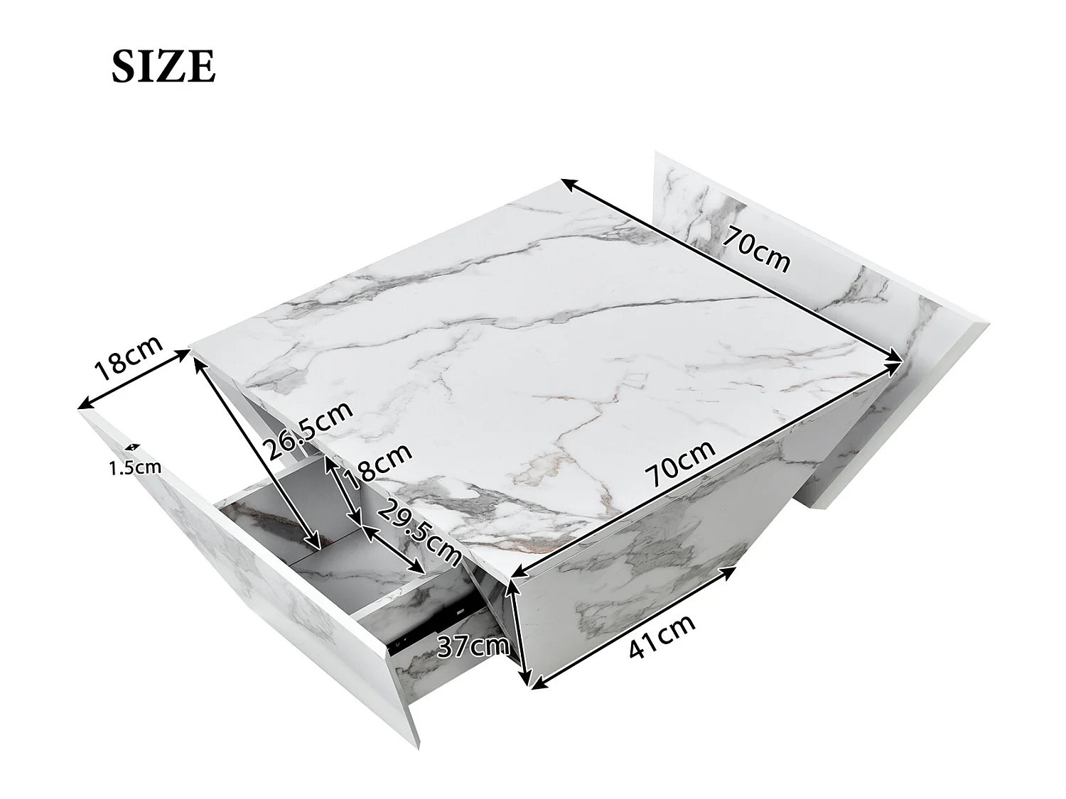 Moderner Couchtisch – mit 2 Schubladen – Furnier mit Marmormuster – Weiß