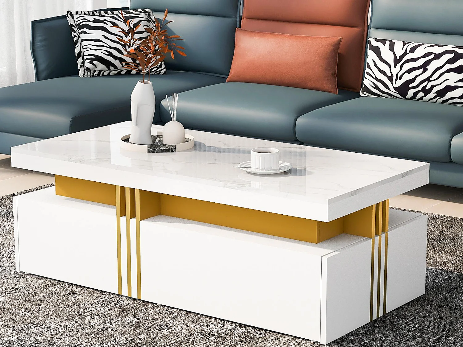 Table basse avec 2 tiroirs - planche à motifs marbre - style scandinave - Blanc