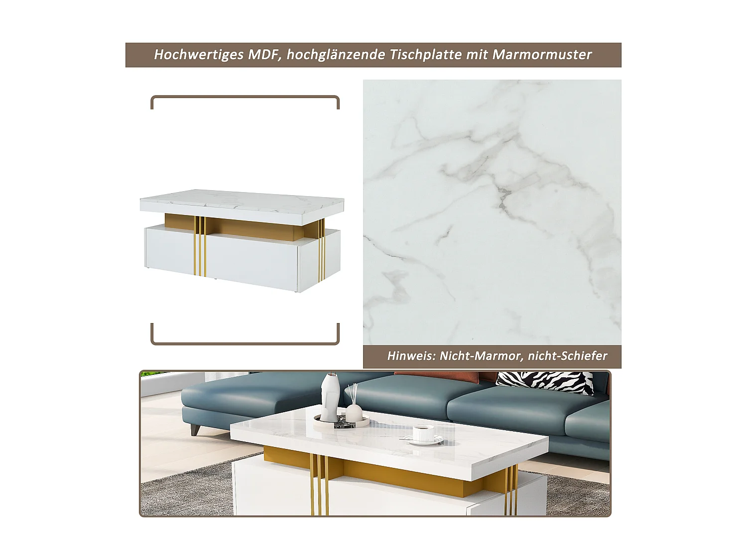 Table basse avec 2 tiroirs - planche à motifs marbre - style scandinave - Blanc