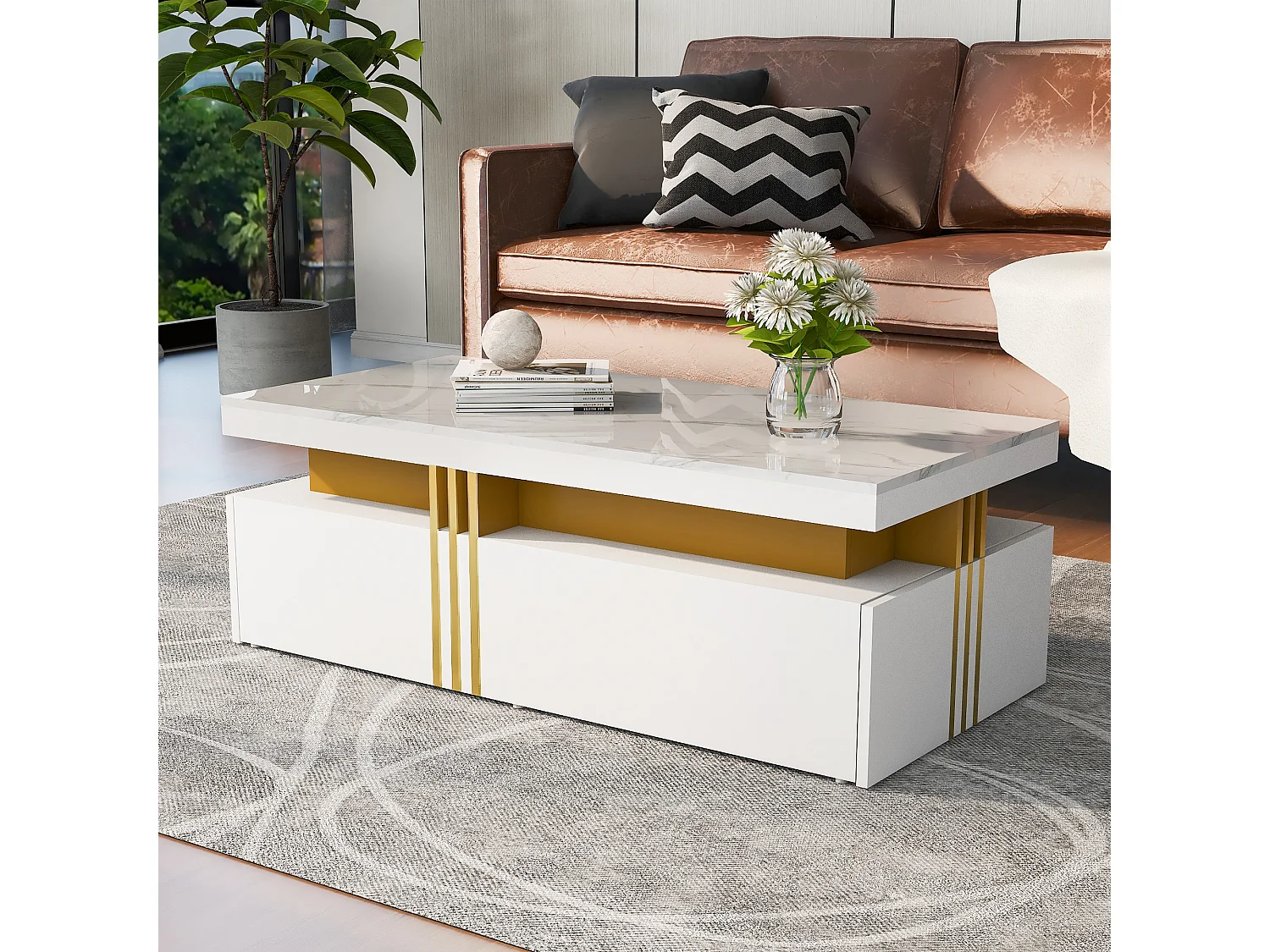 Table basse avec 2 tiroirs - planche à motifs marbre - style scandinave - Blanc