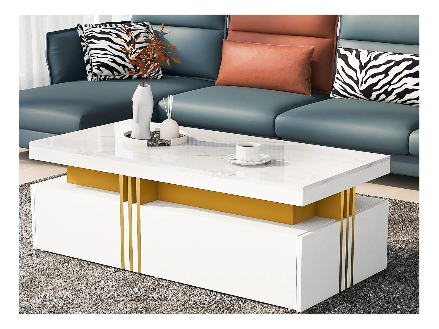 Table basse avec 2 tiroirs - planche à motifs marbre - style scandinave - Blanc