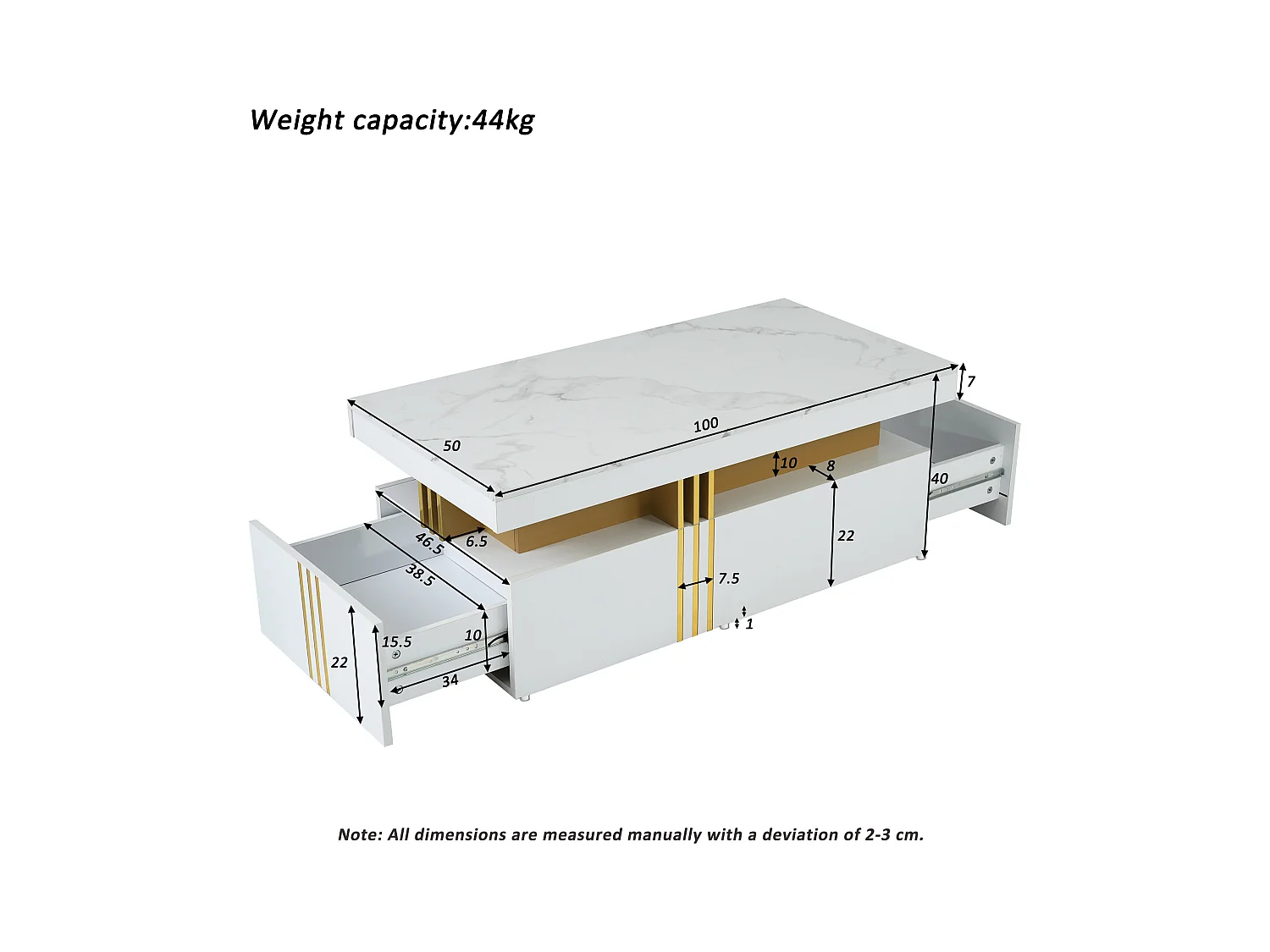 Mesa de centro con 2 cajones - tablero estampado de mármol - Estilo escandinavo - Blanco
