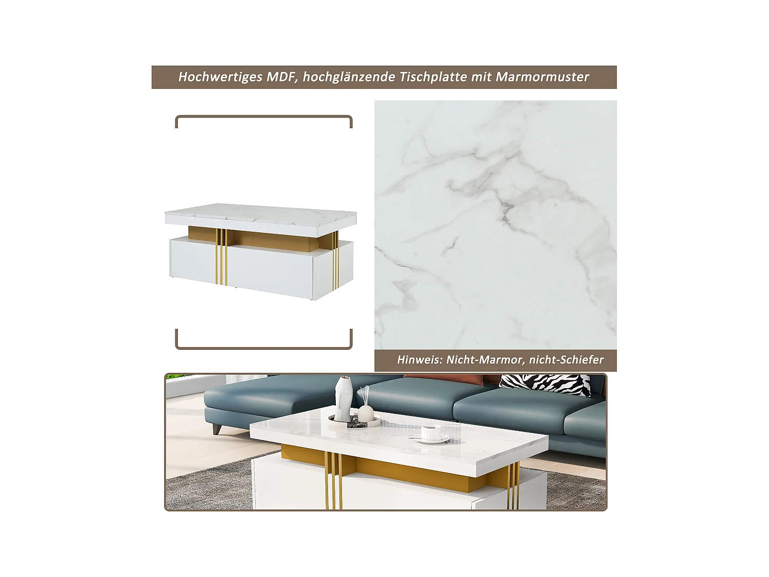 Mesa de centro con 2 cajones - tablero estampado de mármol - Estilo escandinavo - Blanco