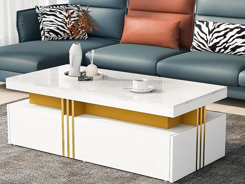 Mesa de centro con 2 cajones - tablero estampado de mármol - Estilo escandinavo - Blanco