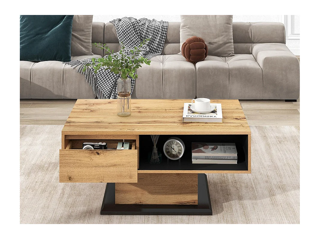 Table basse avec un tiroir et une niche - style industriel - Naturel