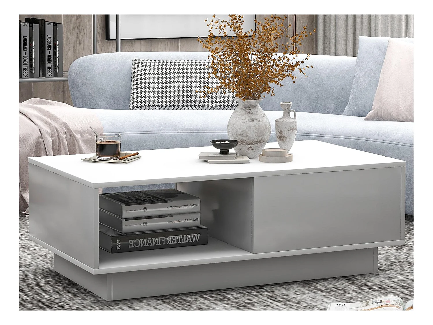 Couchtisch mit LED und Schublade für Wohnzimmer – zeitgenössischer Stil – weiß