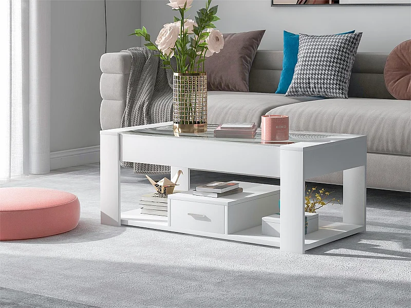 Table basse avec un tiroir - plateau en verre - Blanc