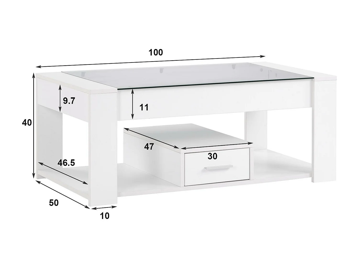 Table basse avec un tiroir - plateau en verre - Blanc
