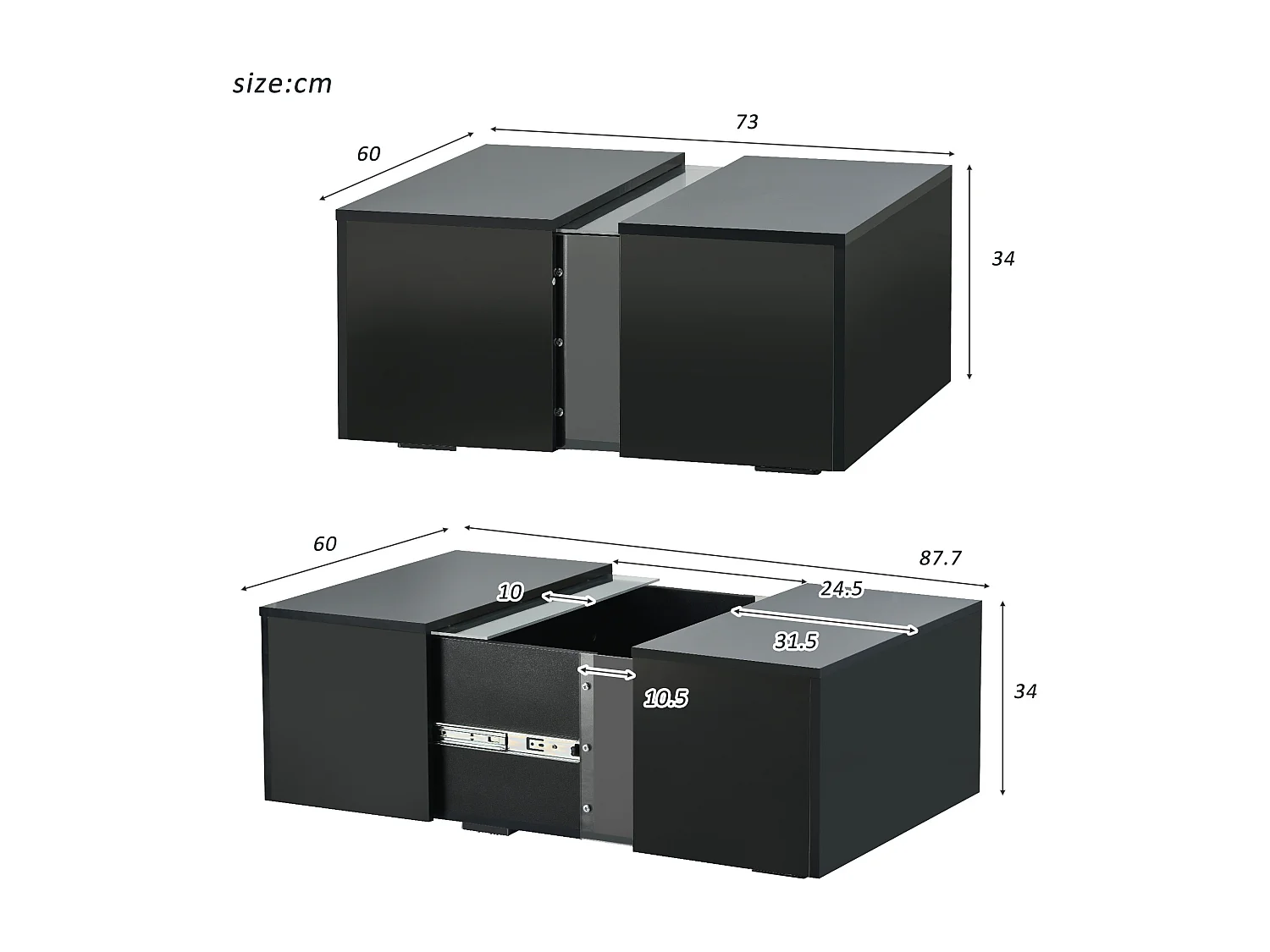 Table basse moderne avec LED - surface brillante - Noir