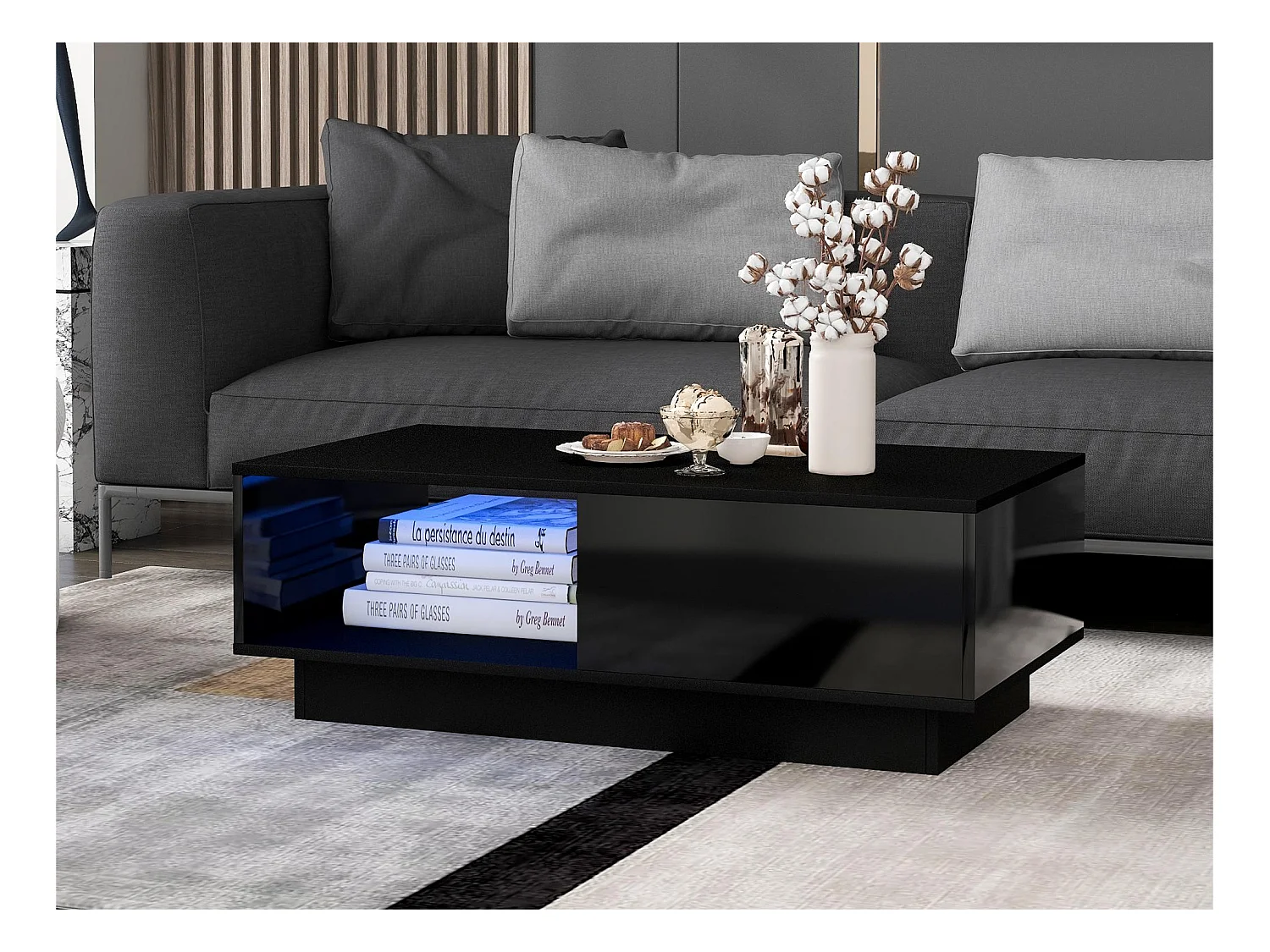 Couchtisch mit LED und Schublade für Wohnzimmer – zeitgenössischer Stil – schwarz