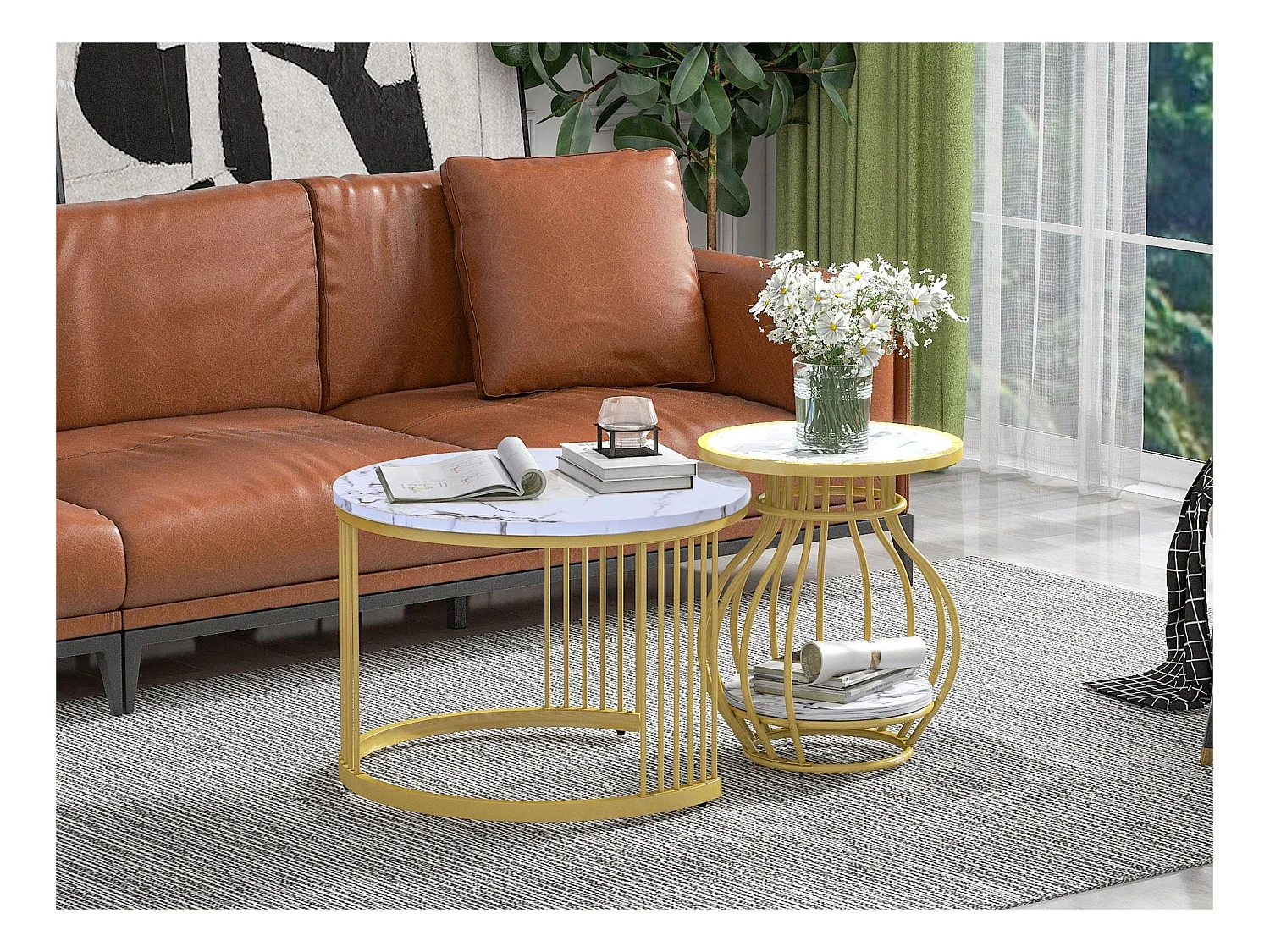 Lot de 2 tables gigognes rondes - placage à motif de marbre - structure en métal - Blanc & Doré