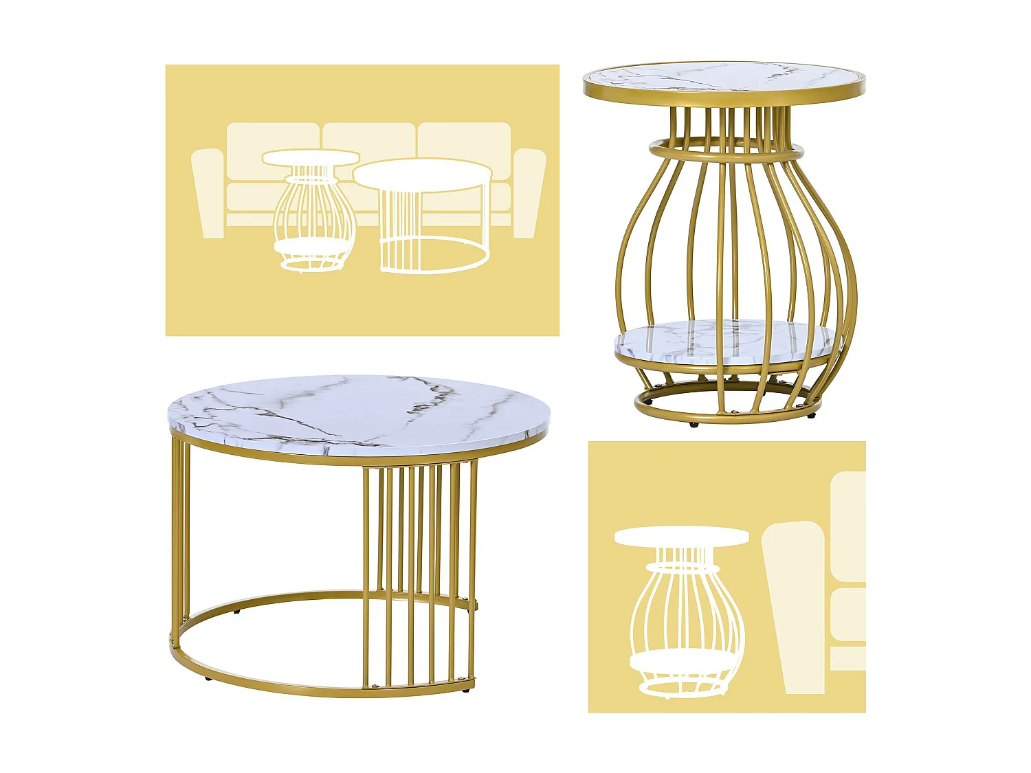 Lot de 2 tables gigognes rondes - placage à motif de marbre - structure en métal - Blanc & Doré