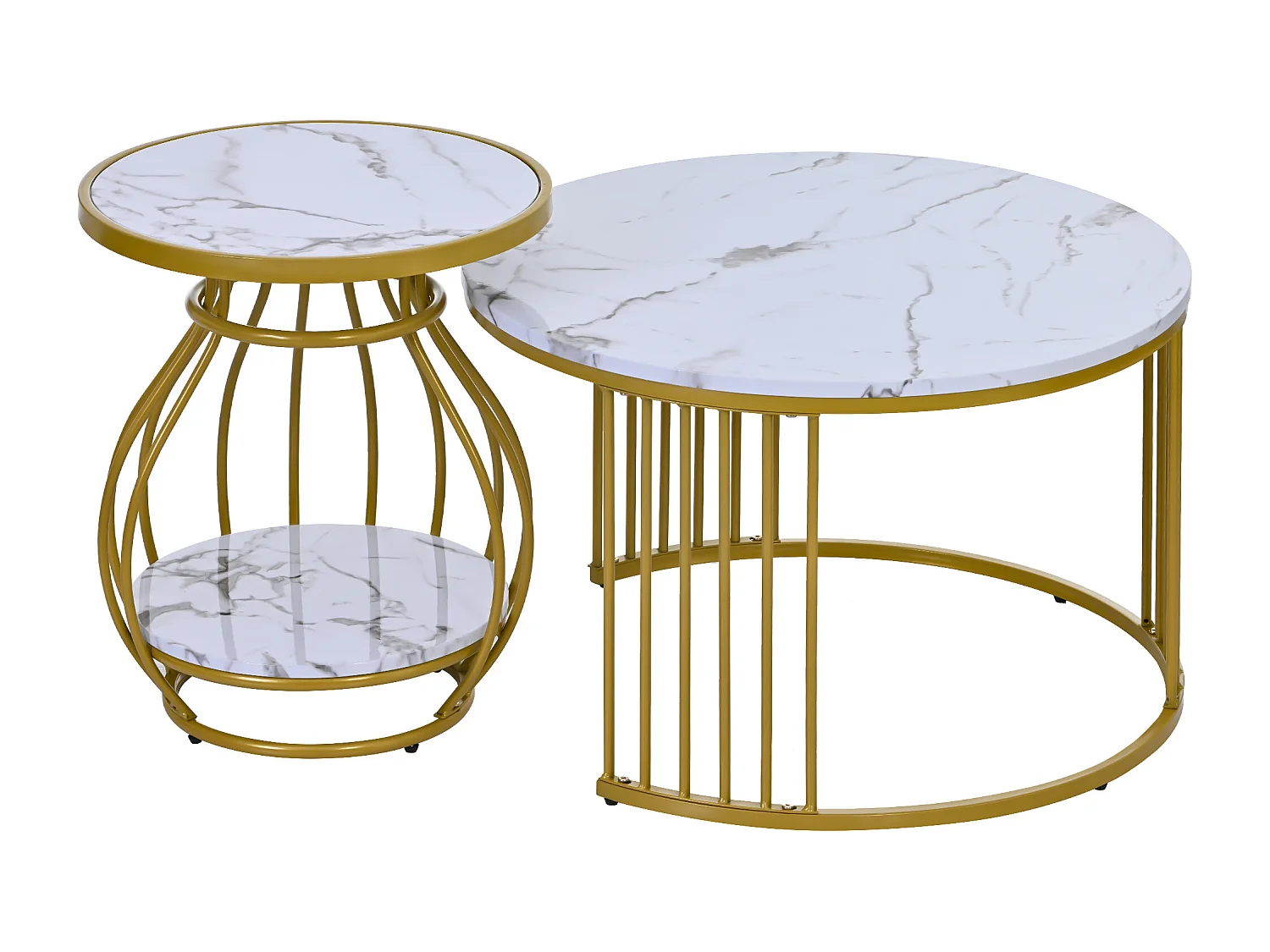 Lot de 2 tables gigognes rondes - placage à motif de marbre - structure en métal - Blanc & Doré