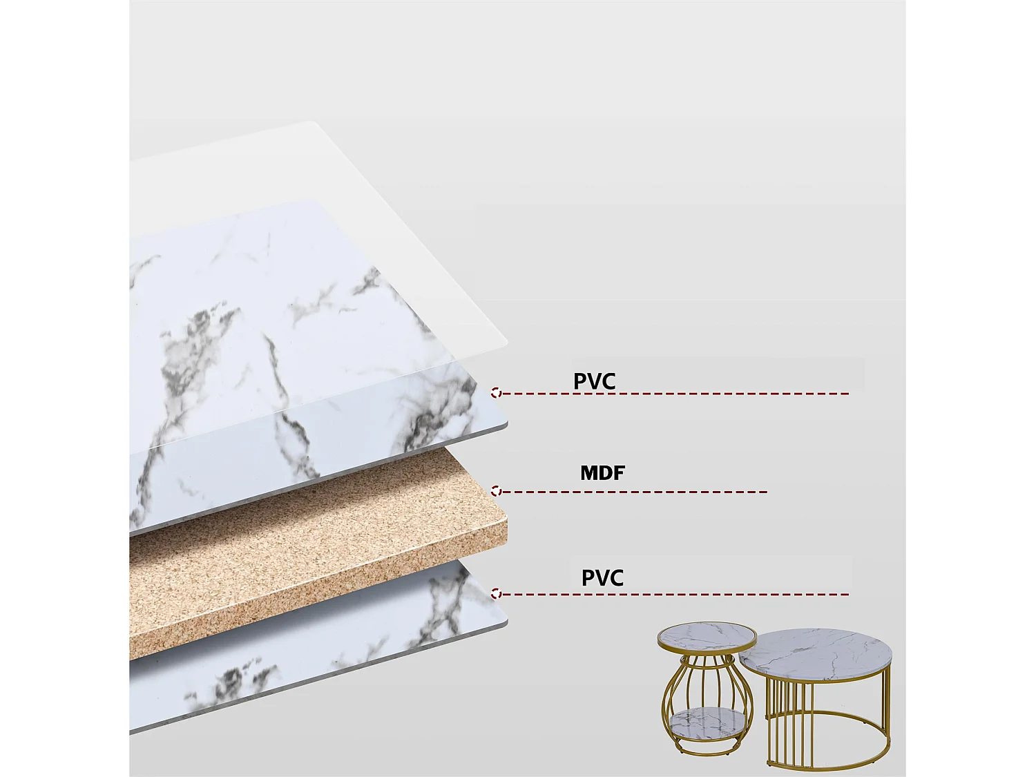 Lot de 2 tables gigognes rondes - placage à motif de marbre - structure en métal - Blanc & Doré