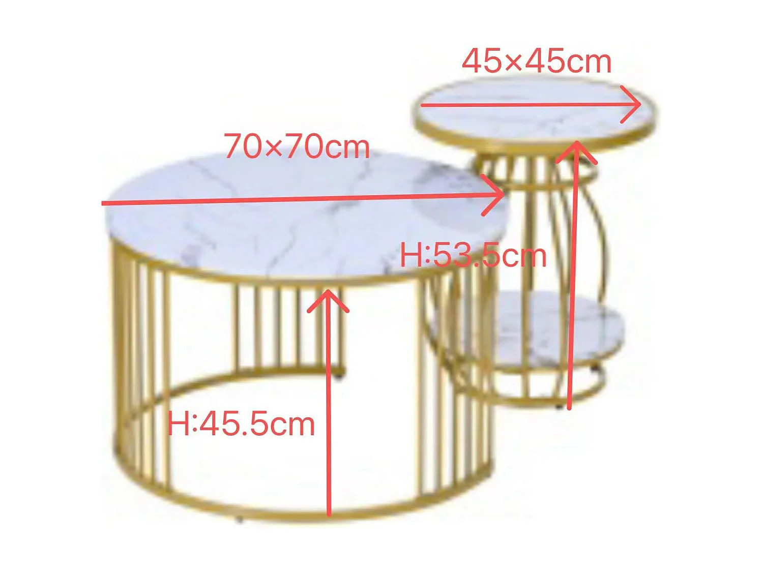 Lot de 2 tables gigognes rondes - placage à motif de marbre - structure en métal - Blanc & Doré