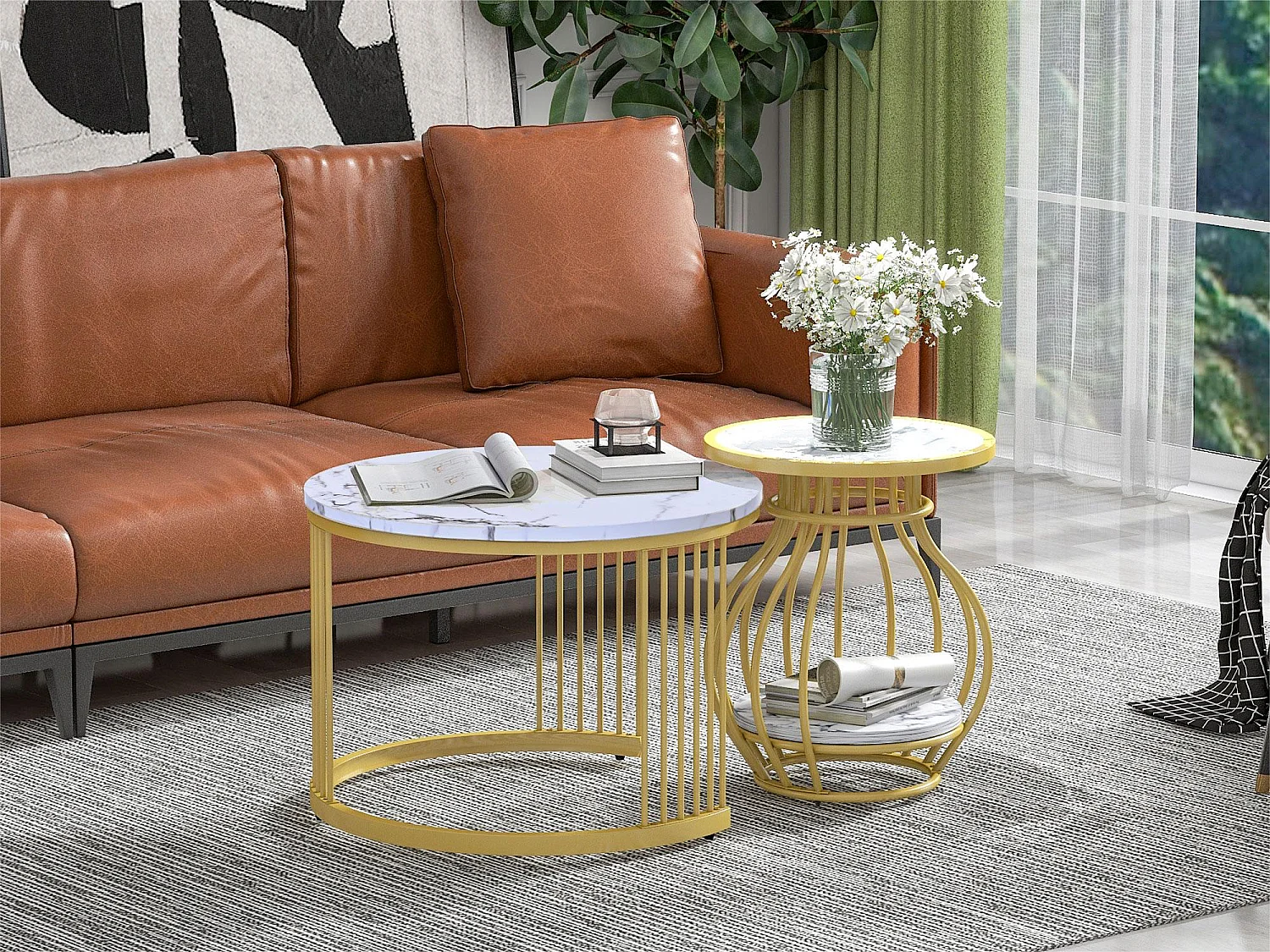 Set van 2 ronde bijzettafels - fineer met marmerpatroon - metalen structuur - Wit en goud