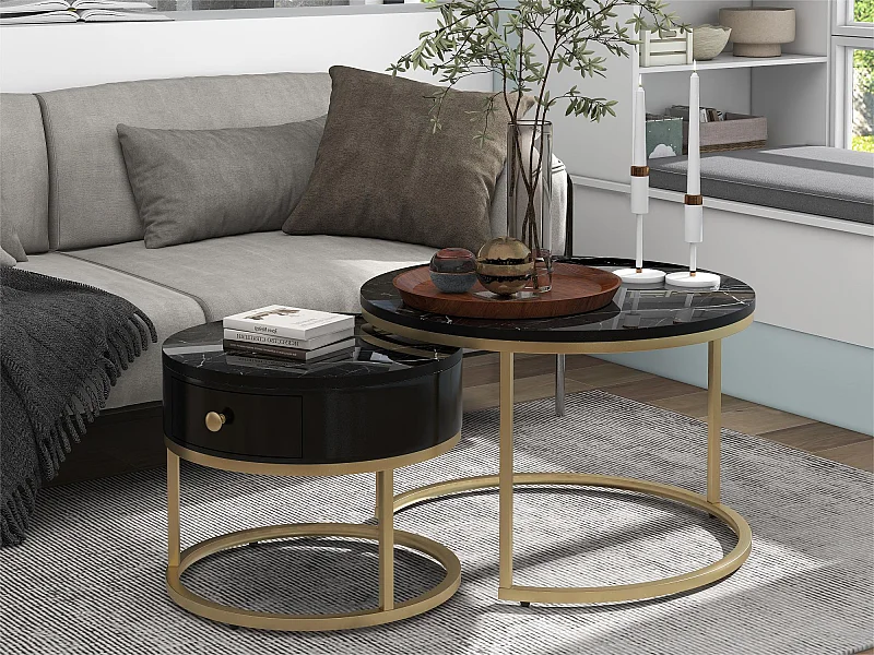 Set aus 2 Satztischen mit Schublade – Furnier mit Marmormuster – glänzende Optik – Schwarz