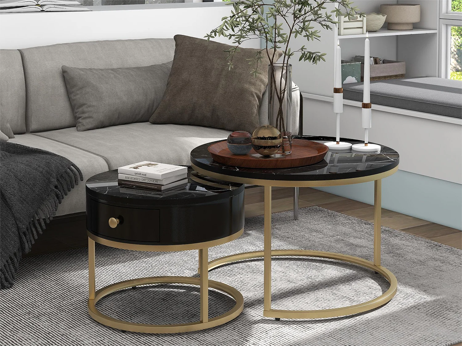 Lot de 2 tables gigognes avec tiroir - placage à motif de marbre - aspect brillant - Noir