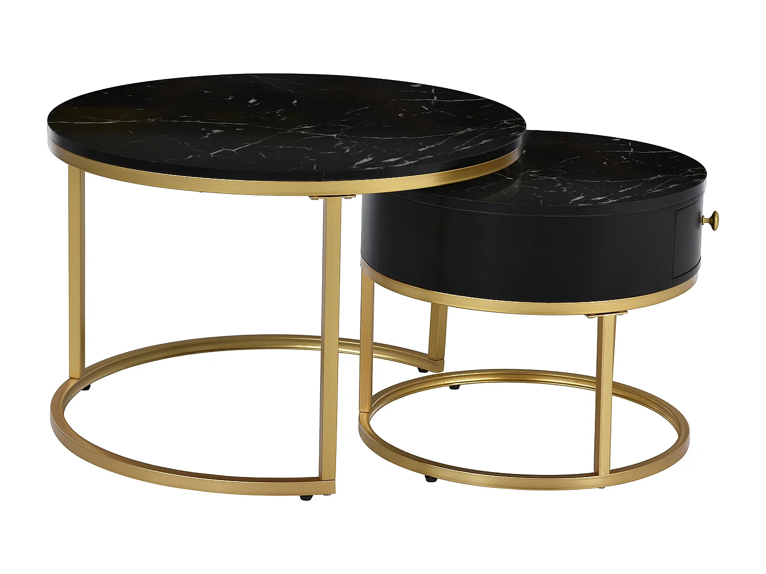 Lot de 2 tables gigognes avec tiroir - placage à motif de marbre - aspect brillant - Noir