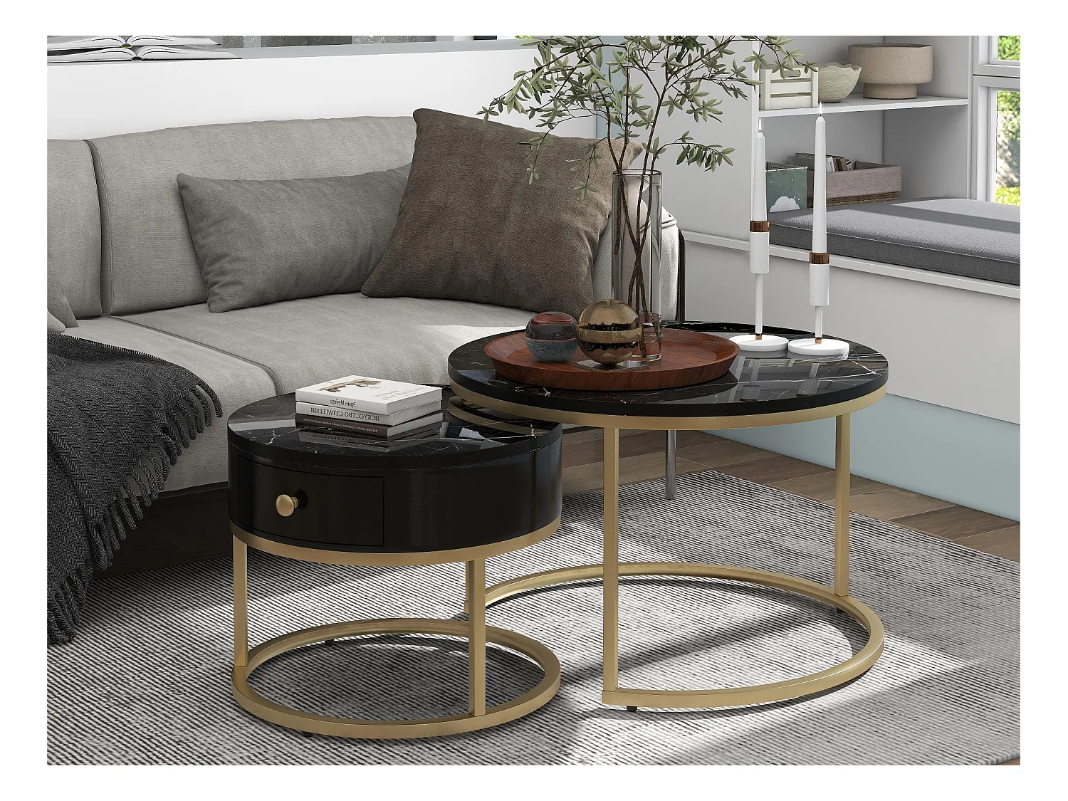 Lot de 2 tables gigognes avec tiroir - placage à motif de marbre - aspect brillant - Noir