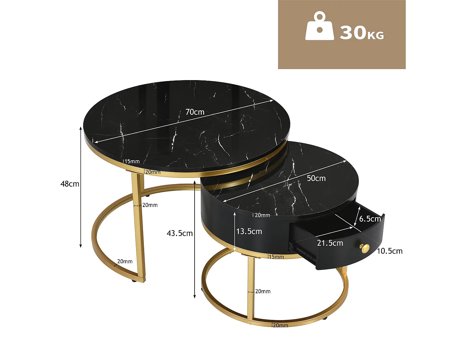 Set aus 2 Satztischen mit Schublade – Furnier mit Marmormuster – glänzende Optik – Schwarz