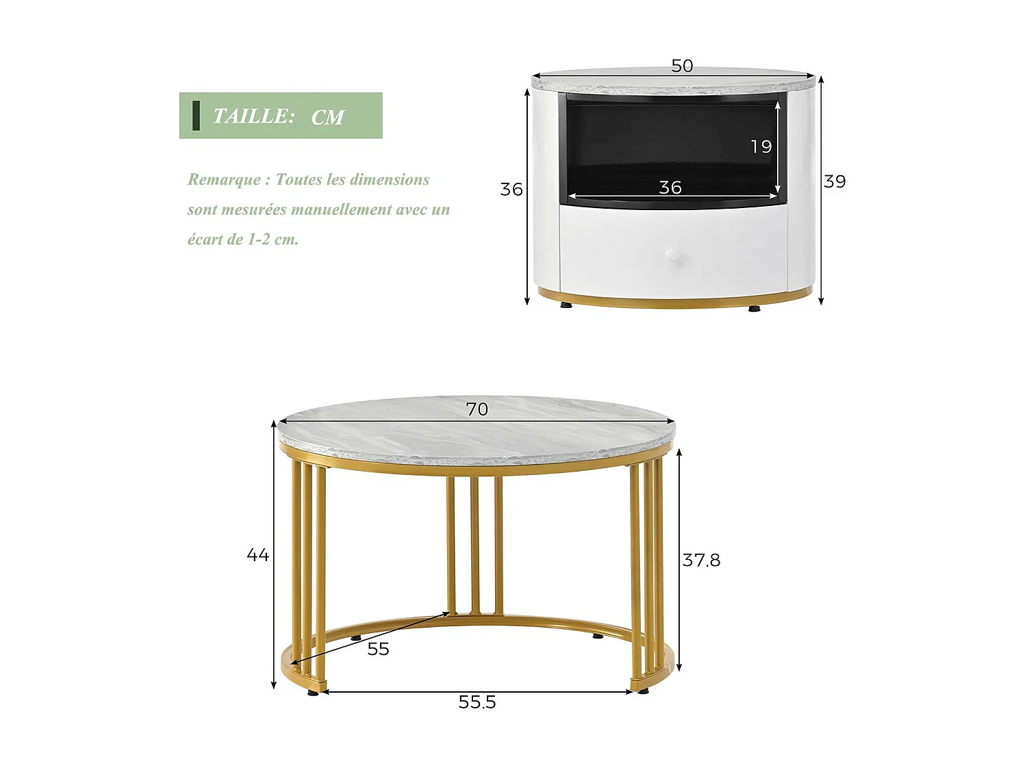 Lot de 2 tables gigognes avec 1 tiroir - cadre en métal doré - motif marbre - blanc