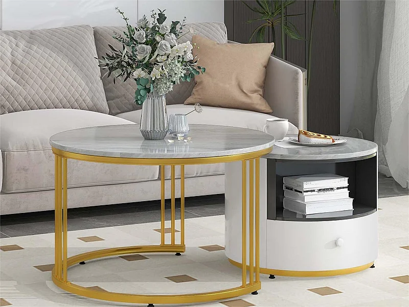 Lot de 2 tables gigognes avec 1 tiroir - cadre en métal doré - motif marbre - blanc