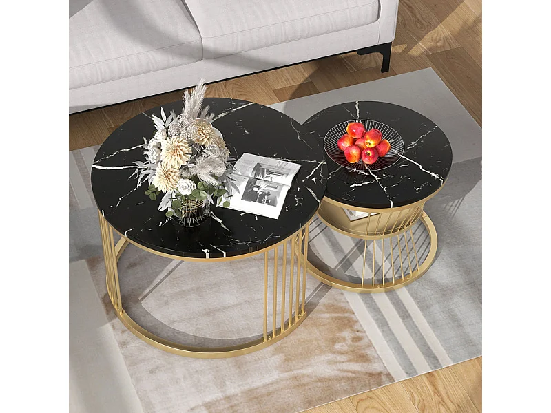 Set van 2 bijzettafels - fineer met marmerpatroon en metalen poten - Zwart en goud