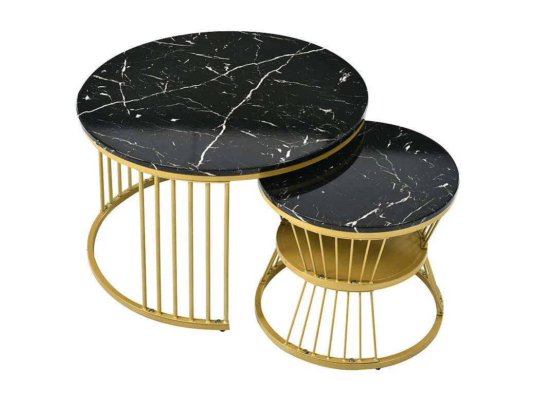 Set van 2 bijzettafels - fineer met marmerpatroon en metalen poten - Zwart en goud