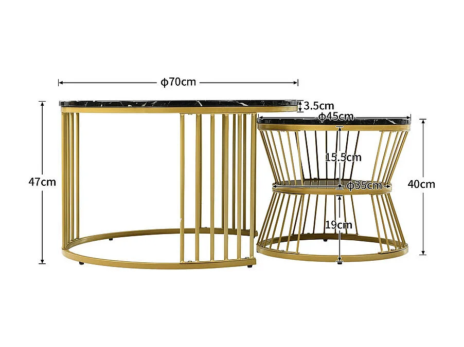 Set van 2 bijzettafels - fineer met marmerpatroon en metalen poten - Zwart en goud