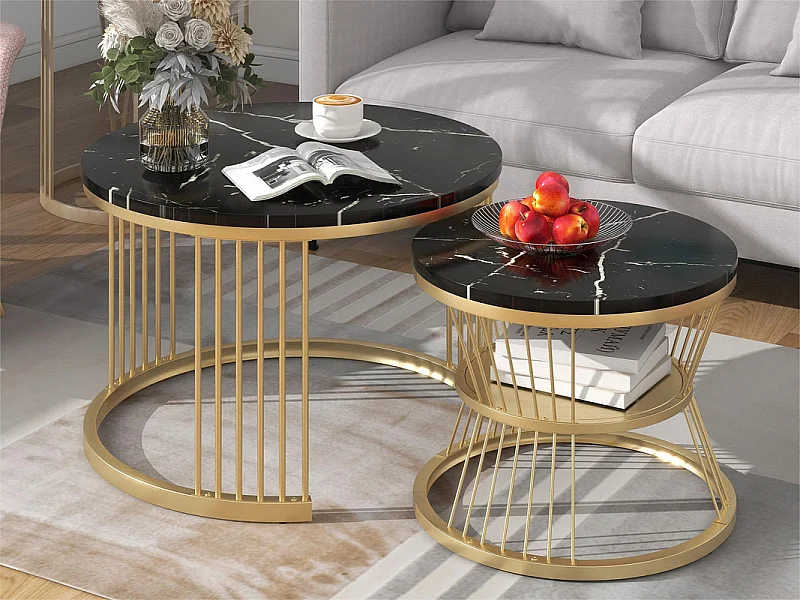 Set aus 2 Satztischen – Furnier mit Marmormuster und Metallbeinen – Schwarz und Gold