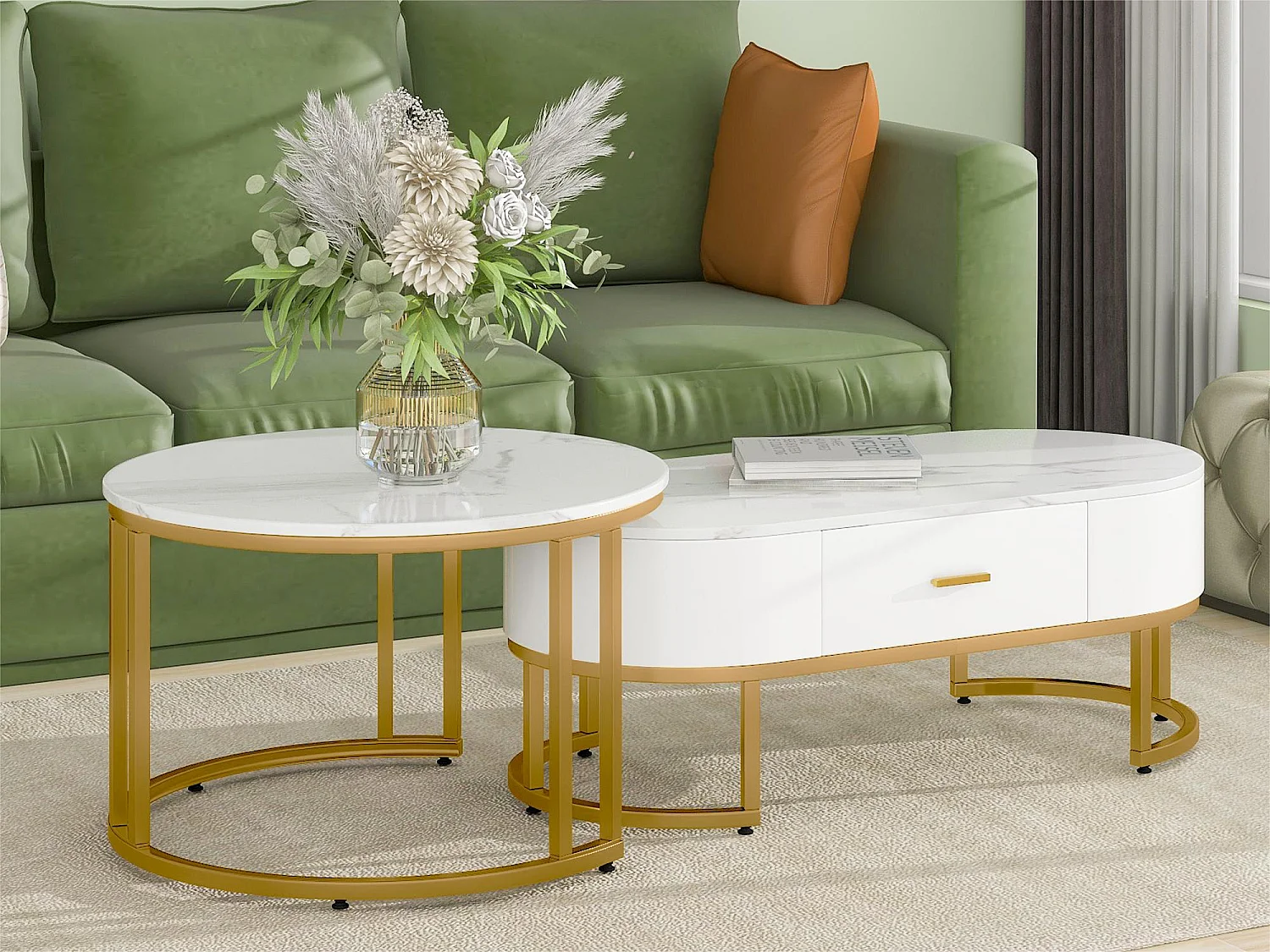 Set van 2 moderne Scandinavische bijzettafels met lade - marmerpatroon - glanzende uitstraling - Wit & Goud