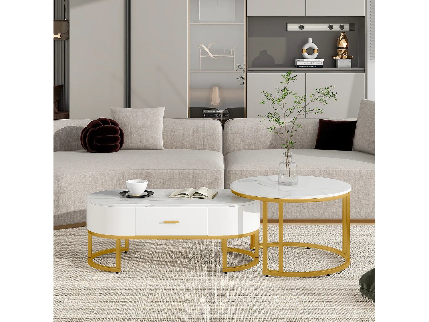 Set van 2 moderne Scandinavische bijzettafels met lade - marmerpatroon - glanzende uitstraling - Wit & Goud