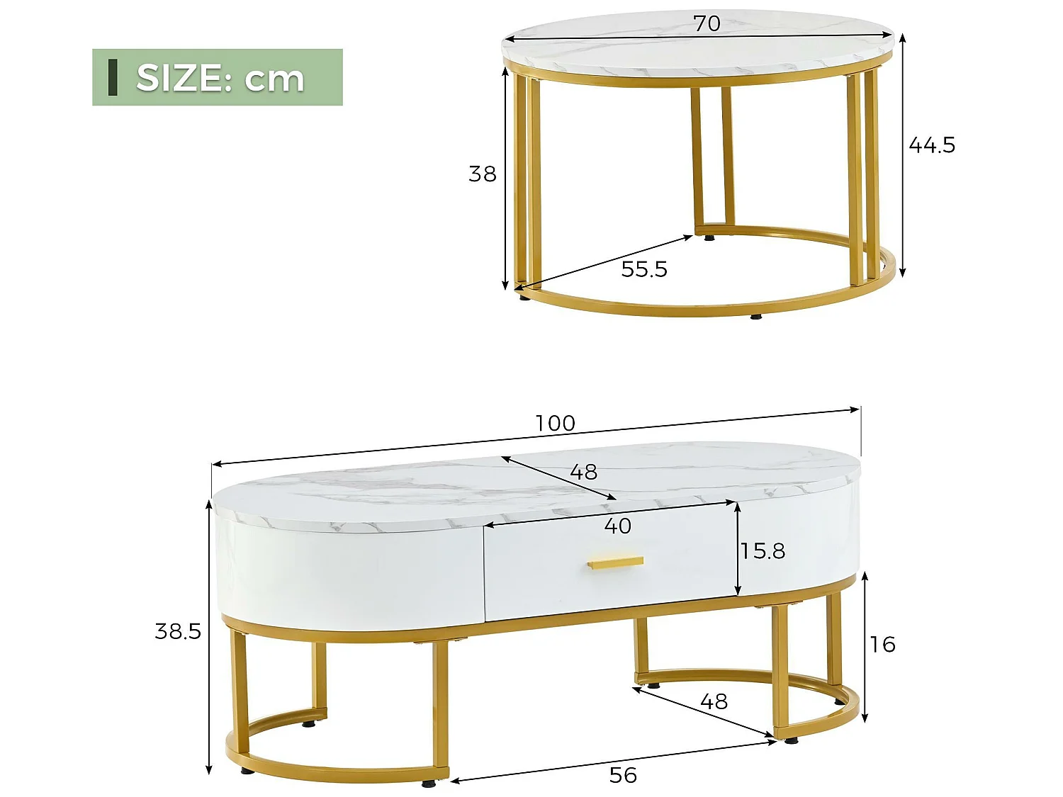 Set van 2 moderne Scandinavische bijzettafels met lade - marmerpatroon - glanzende uitstraling - Wit & Goud