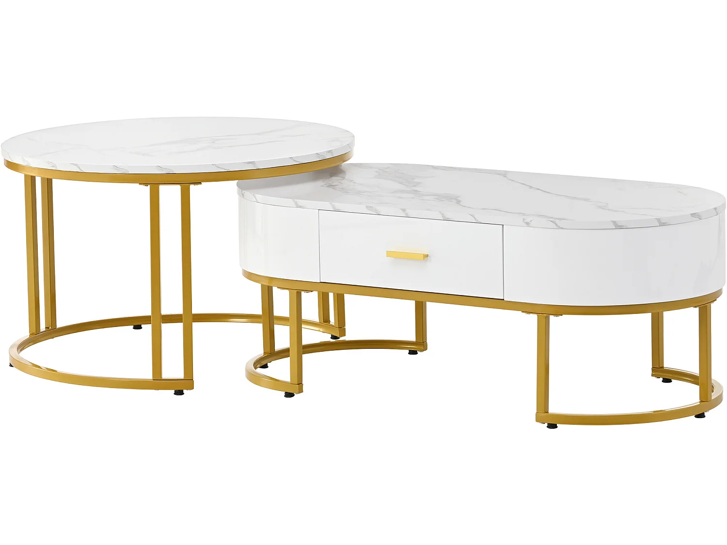 Set van 2 moderne Scandinavische bijzettafels met lade - marmerpatroon - glanzende uitstraling - Wit & Goud