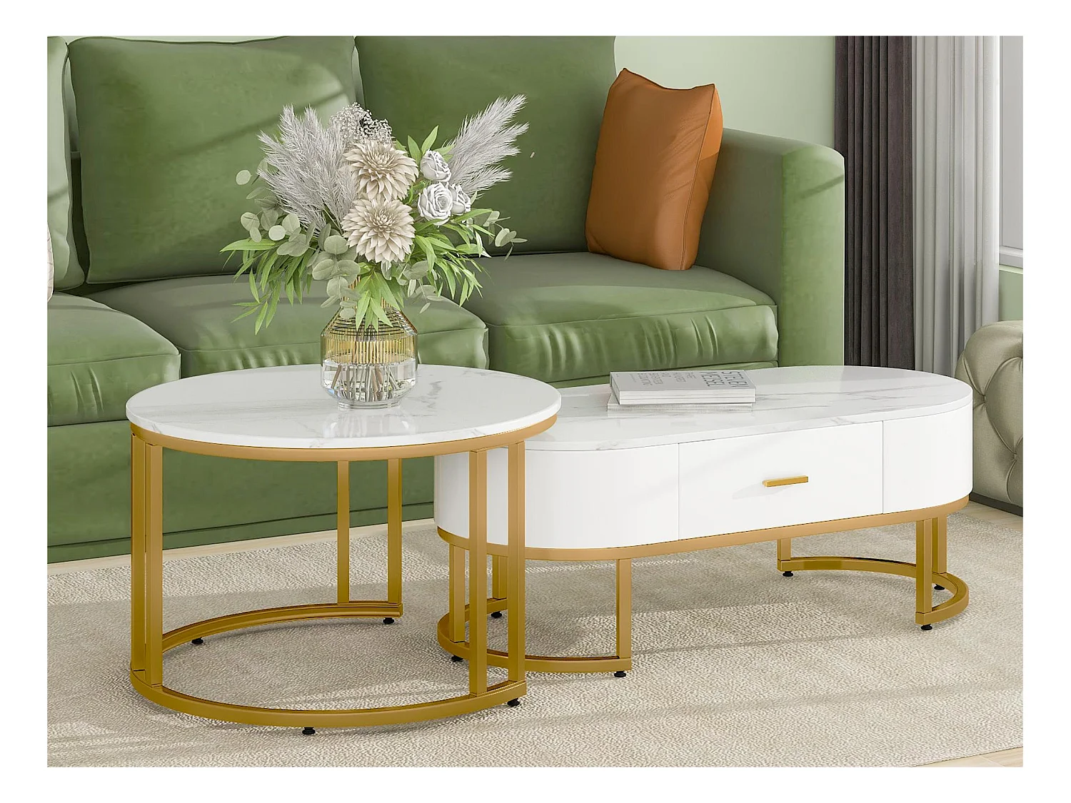 Lot de 2 tables gigognes scandinave moderne avec tiroir - motif marbre - aspect brillant - Blanc & Doré