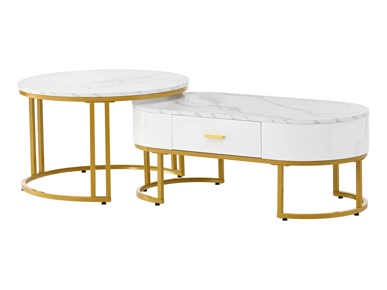 Set aus 2 modernen skandinavischen Satztischen mit Schublade – Marmormuster – glänzendes Aussehen – Weiß und Gold
