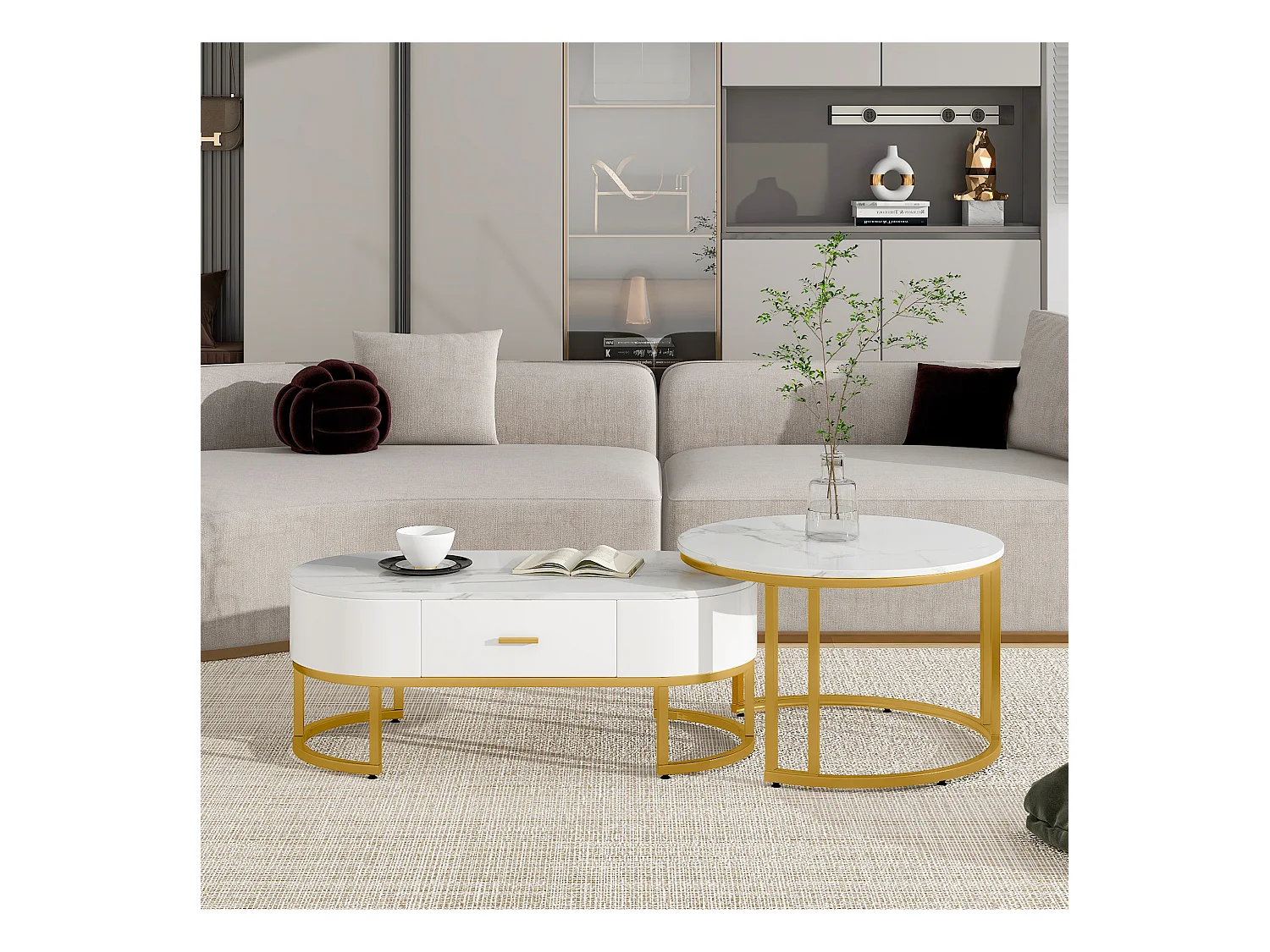 Set aus 2 modernen skandinavischen Satztischen mit Schublade – Marmormuster – glänzendes Aussehen – Weiß und Gold