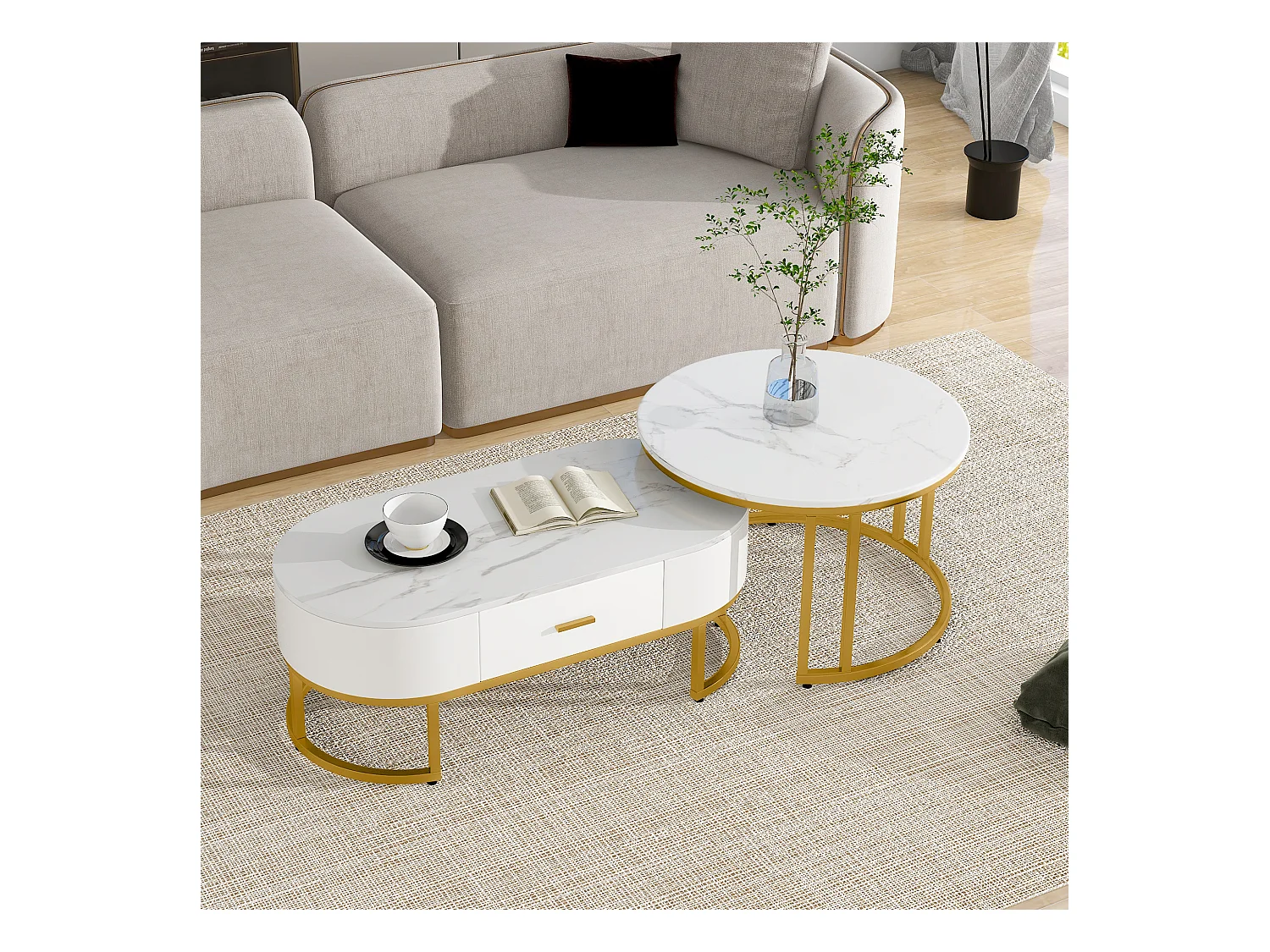 Set aus 2 modernen skandinavischen Satztischen mit Schublade – Marmormuster – glänzendes Aussehen – Weiß und Gold