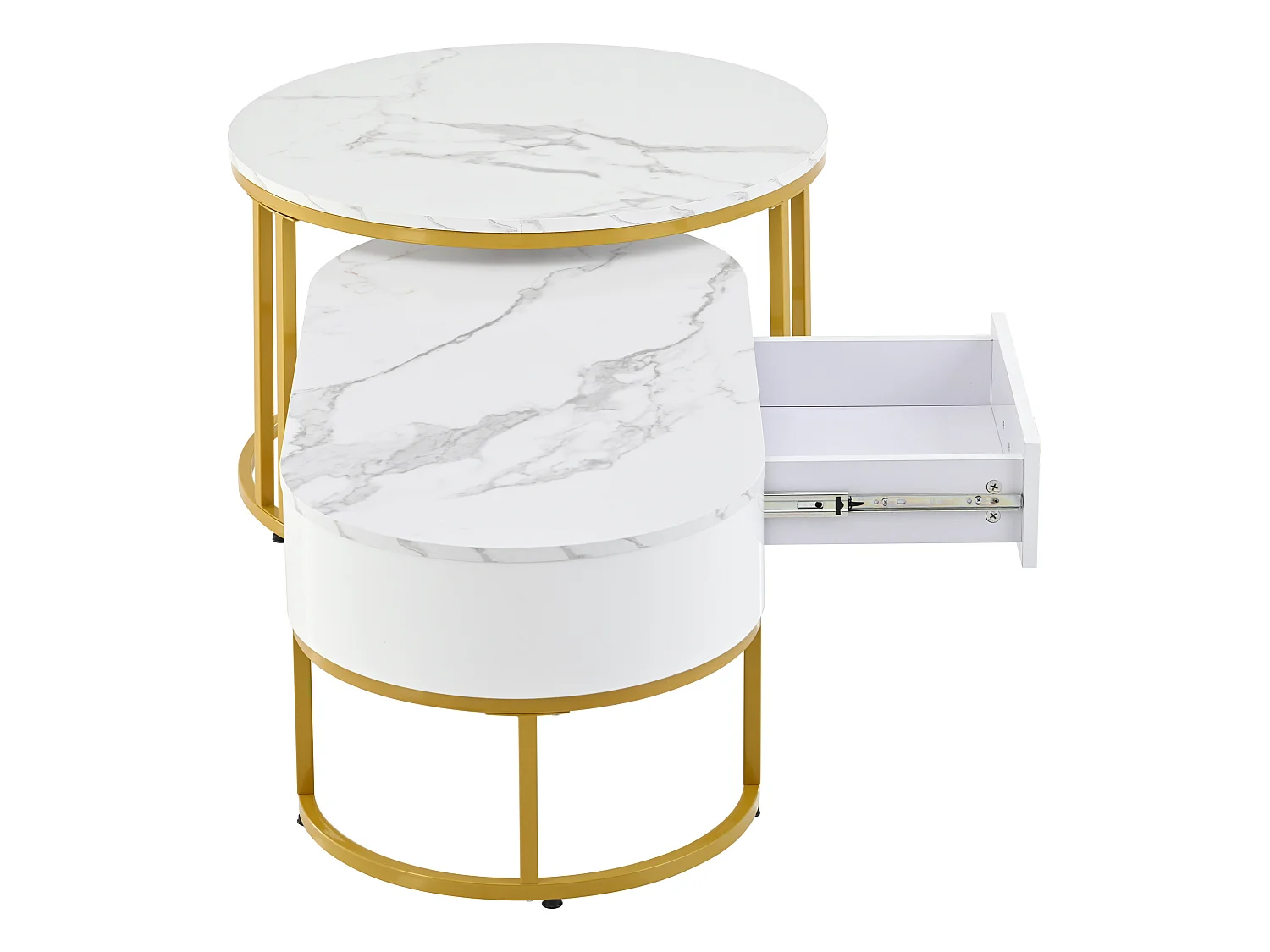 Set aus 2 modernen skandinavischen Satztischen mit Schublade – Marmormuster – glänzendes Aussehen – Weiß und Gold