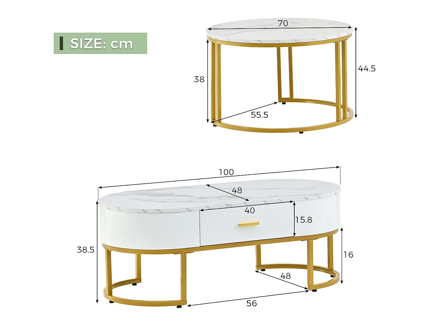 Set aus 2 modernen skandinavischen Satztischen mit Schublade – Marmormuster – glänzendes Aussehen – Weiß und Gold