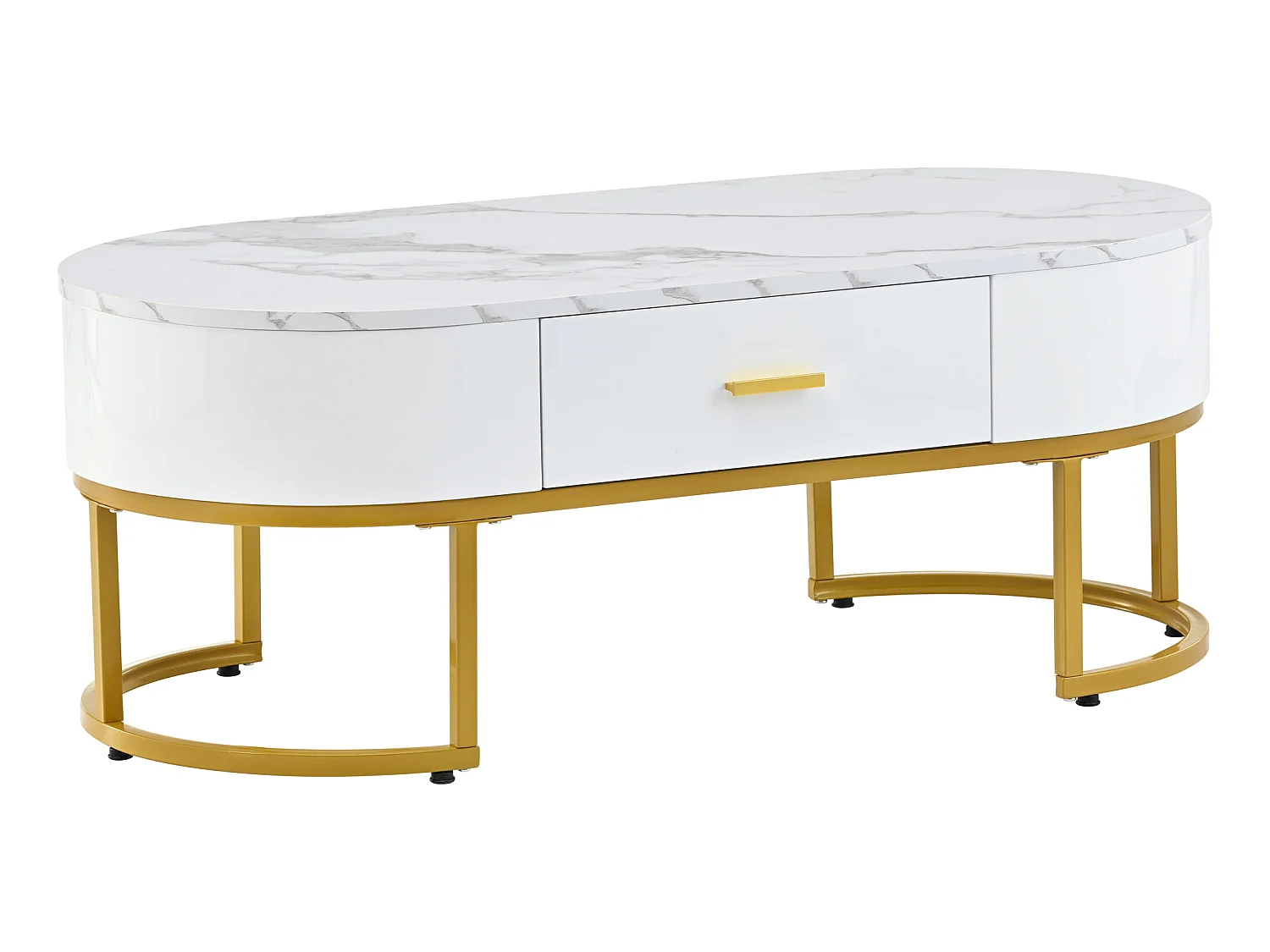 Set aus 2 modernen skandinavischen Satztischen mit Schublade – Marmormuster – glänzendes Aussehen – Weiß und Gold