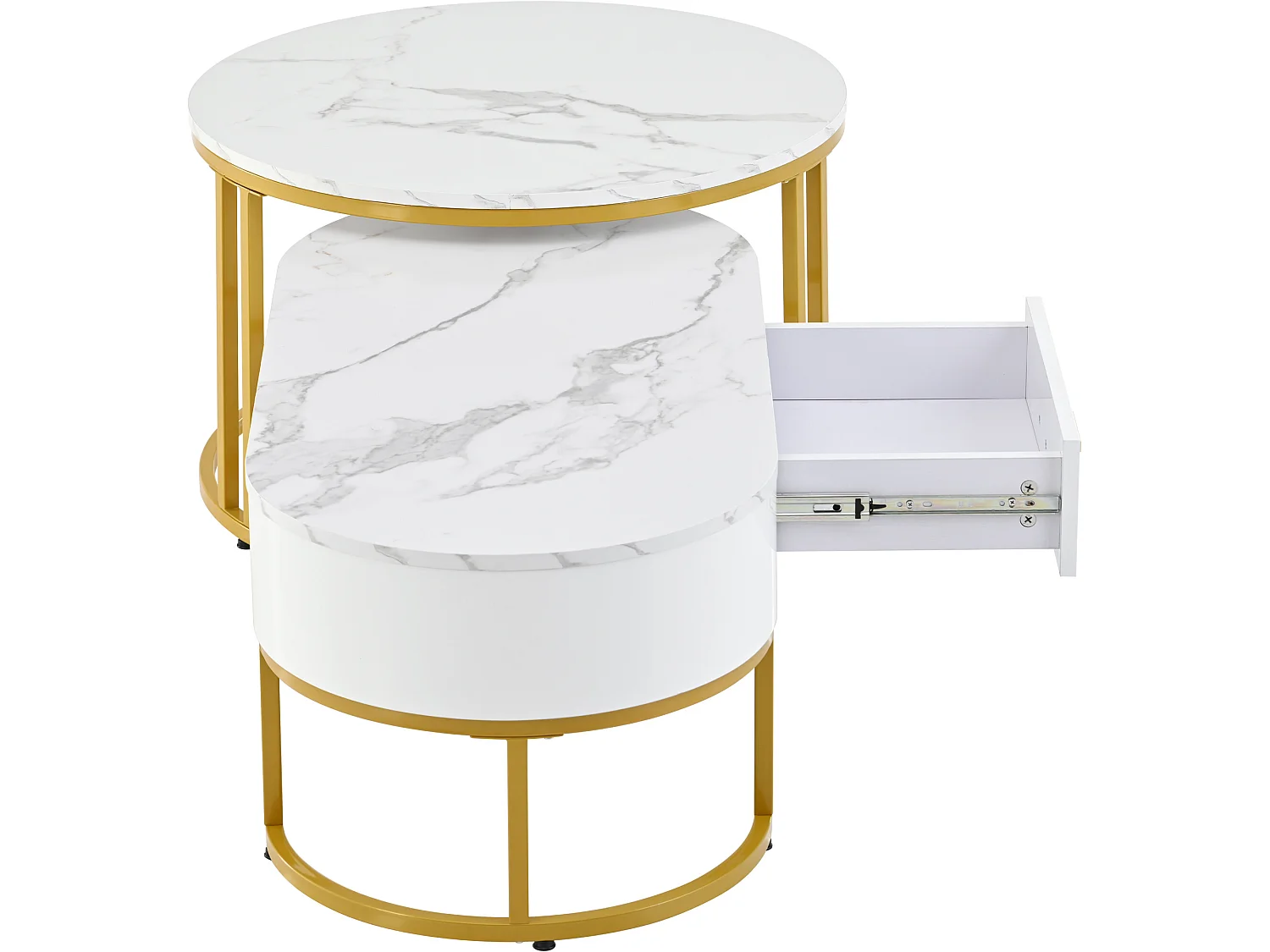 Set aus 2 modernen skandinavischen Satztischen mit Schublade – Marmormuster – glänzendes Aussehen – Weiß und Gold